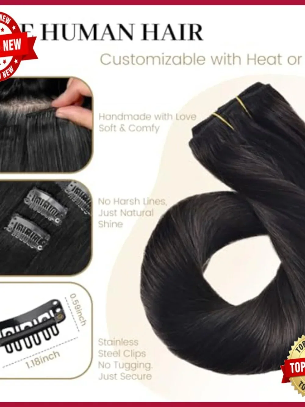 Real Human Hair Clip-in Extensions, 16 Inch Straight, 120g 8pc Set